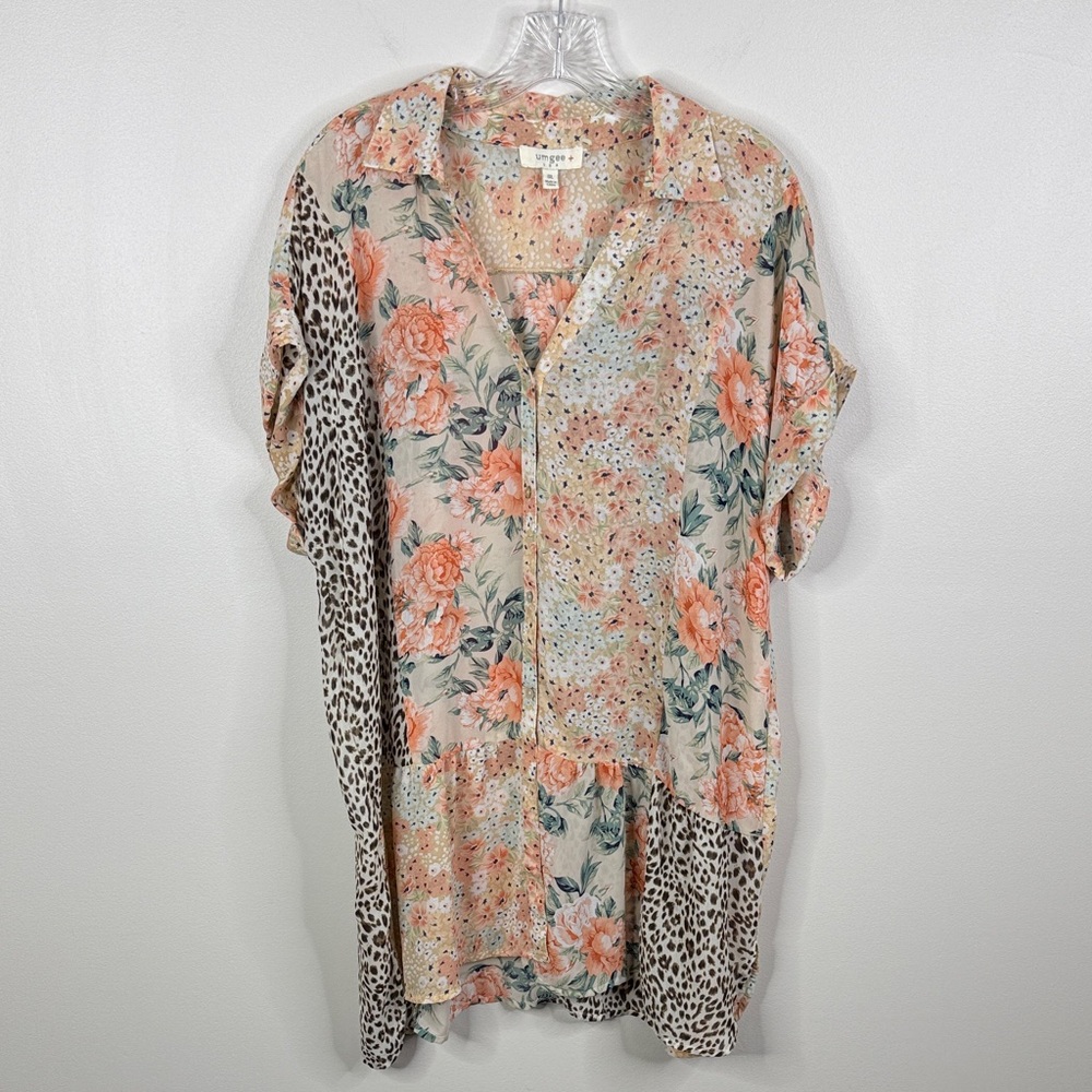 Umgee Peach Floral and Leopard Patchwork Tunic